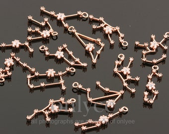 12 stuks-helder rosé verguld messing sterrenbeeld met mini kubieke bedel, hanger, sieraden aanbod, connector, ALLES GECOMBINEERD (JA0717R-M)