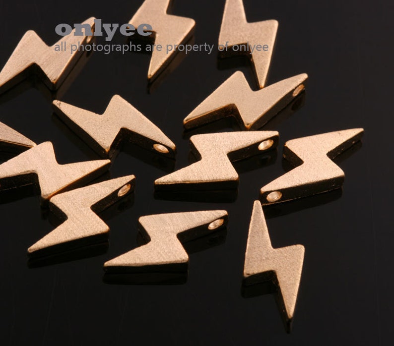 2pcs-13mmX5.2mm Matt Petite Satin Gold plated over Brass Cute Mini Lightning,Thunderstorm Bead Pendants K633G image 1