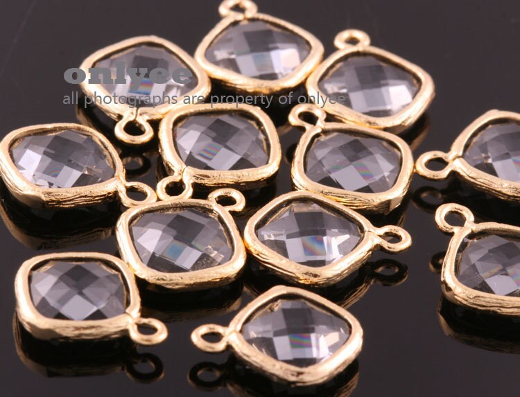 2pcs-13mmx10mmgold Plated Brass Faceted Diamond Glass Charms