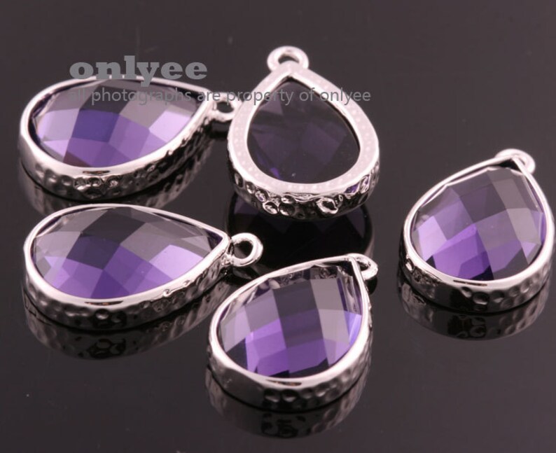 2pcs-18mmX11mmBright Rhodium Faceted tear drop glass with hammered bezel pendants-AmethystM365S-H image 1