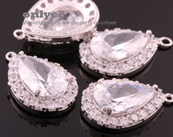 6pcs-19mmX12.25mm Rhodium plated LUX Cubic zirconia Tear Drop Pendants-Clear046(M319S-A)