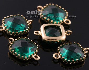 2pcs-9mmX9mm Gold plated Brass Faceted Square Glass Connectors-Emerald(M310G-Q)