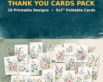 Watercolor Floral Thank You Cards, Elegant Wedding Greeting (10 Pack, Instant Download)