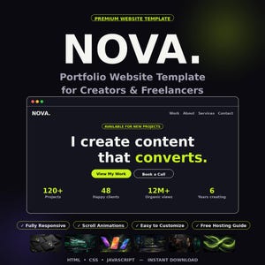 May include: A digital portfolio website template titled NOVA. featuring a dark interface with white and lime green text. The layout includes sections for projects, client testimonials, and statistics, with buttons for viewing work and booking calls.