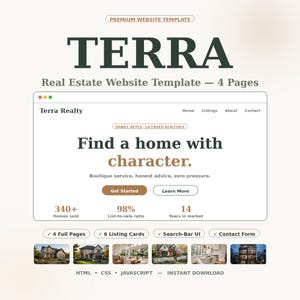 以下が含まれることがあります： 4ページ構成のTERRA Real Estate Website Templateというデジタルウェブサイトテンプレート。インターフェースにはTerra Realty、ナビゲーションリンク、Find a home with characterというテキスト、ボタン、統計情報、および6つの住宅のサムネイル画像が表示されています。