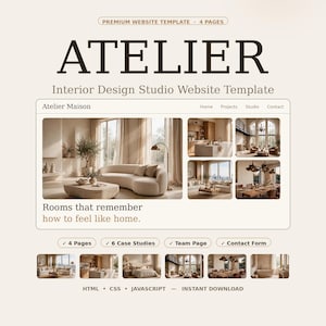 Peut inclure: Un modèle de site web intitulé ATELIER Interior Design Studio Website Template. Il comprend une barre de navigation avec Home, Projects, Studio, Contact, et une section principale avec le texte Rooms that remember how to feel like home.