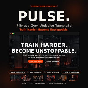 Peut inclure: Un aperçu numérique du modèle de site web PULSE Fitness Gym. Le design présente du texte blanc en gras, des accents orange et un fond sombre. Il comprend des sections pour les programmes, les entraîneurs, les tarifs, un planning et six images.