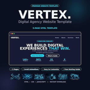 Puede incluir: Una plantilla de sitio web para agencia digital con fondo oscuro titulada VERTEX. El diseño muestra una ventana de navegador con el texto WE BUILD DIGITAL EXPERIENCES THAT WIN, enlaces de navegación y estadísticas que incluyen 140+ Projects, 96% Retention, 32 Awards y 9 Years.