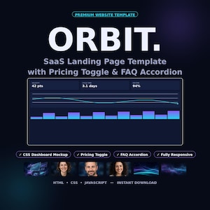 Puede incluir: Una plantilla de página de destino SaaS de tema oscuro titulada ORBIT, que presenta una maqueta de panel con un gráfico de líneas y gráficos de barras, interruptor de precios, acordeón de preguntas frecuentes y elementos de diseño responsivo. Incluye etiquetas HTML, CSS y JAVASCRIPT.