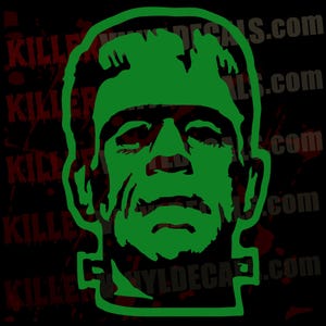 May include: A bright green vinyl decal featuring the stylized face of Frankenstein's monster with a flat top, heavy brow, and neck bolts. The design is set against a dark background with the repeating text KILLERDECALS.COM in red.