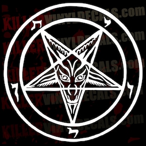 May include: A white vinyl decal featuring a central pentagram design with a stylized goat head silhouette enclosed within a double circular border. The graphic includes small, abstract symbols positioned between the circles on a black background.