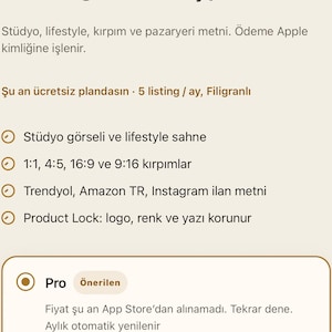 Könnte beinhalten: Eine mobile App-Oberfläche mit dem Titel DropShot, die ein Abonnementmenü anzeigt. Der Bildschirm listet ein Verkaufspaket für einzelne Fotos mit Optionen für Studio- und Lifestyle-Szenen, verschiedene Seitenverhältnisse, Marktplatztexte und Produktsperrfunktionen auf.