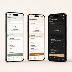 May include: Three smartphones displayed side-by-side, each showing a mobile application interface titled Quick Listing. The screens feature options for Studio Photos, Lifestyle, Social Media, AI Model, and Product Video, with a prominent Quick Listing button at the bottom.