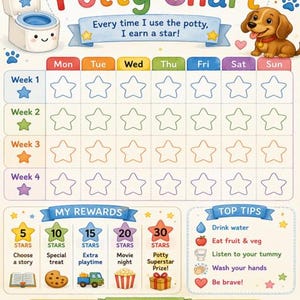 May include: A colorful potty training chart titled My Potty Chart with a cartoon toilet and puppy. It features a four-week grid for tracking stars, a rewards section with icons for treats and activities, top tips, and a Potty Superstar award section.