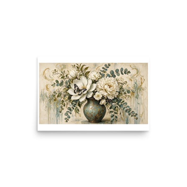 Patina Botanical - Blue Vase Floral Art Print