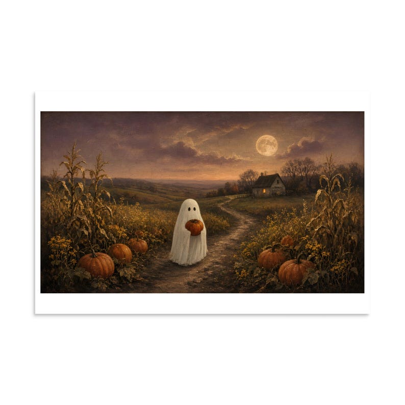 Ghost in the Pumpkin Patch - Halloween Landscape Print