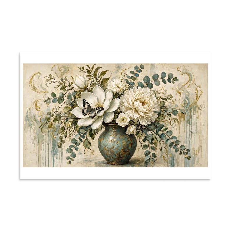 Patina Botanical - Blue Vase Floral Art Print