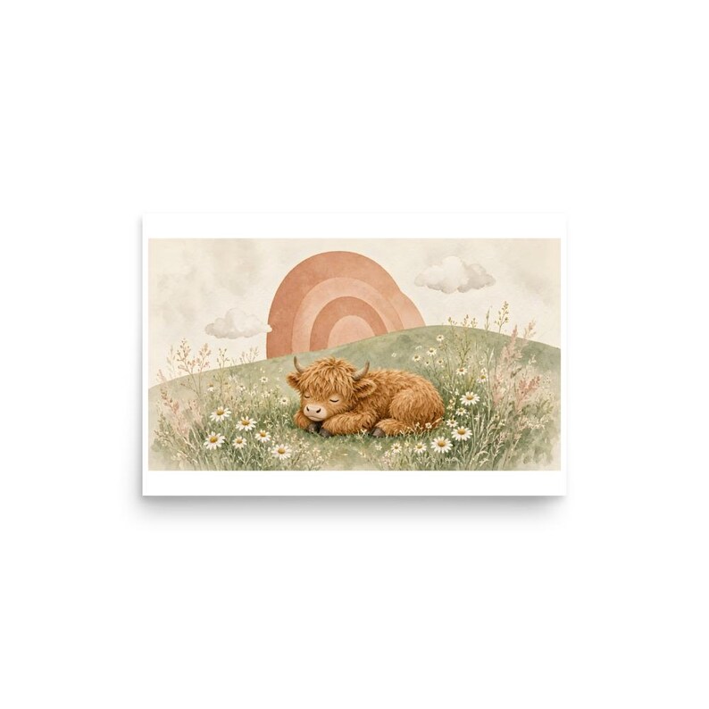 Sleeping Highland Calf - Chamomile Nursery Art Print