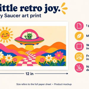 Groovy Saucer product mockup and size guide. Arrows mark the full white-bordered paper sheet as 12 inches wide by 8 inches high. The listing includes one physical matte-paper poster. White border included; frame not included; no digital download.