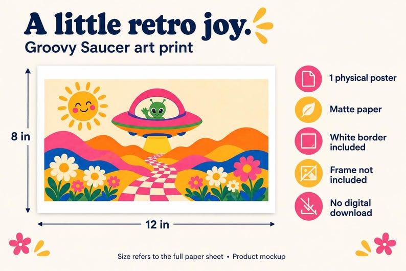 Groovy Saucer product mockup and size guide. Arrows mark the full white-bordered paper sheet as 12 inches wide by 8 inches high. The listing includes one physical matte-paper poster. White border included; frame not included; no digital download.