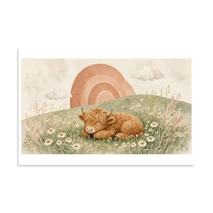 Sleeping Highland Calf - Chamomile Nursery Art Print