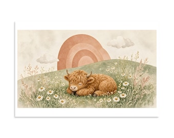 Sleeping Highland Calf - Chamomile Nursery Art Print