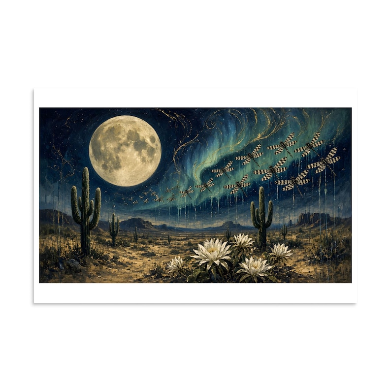 Aurora Dragonflies - Moonlit Desert Art Print