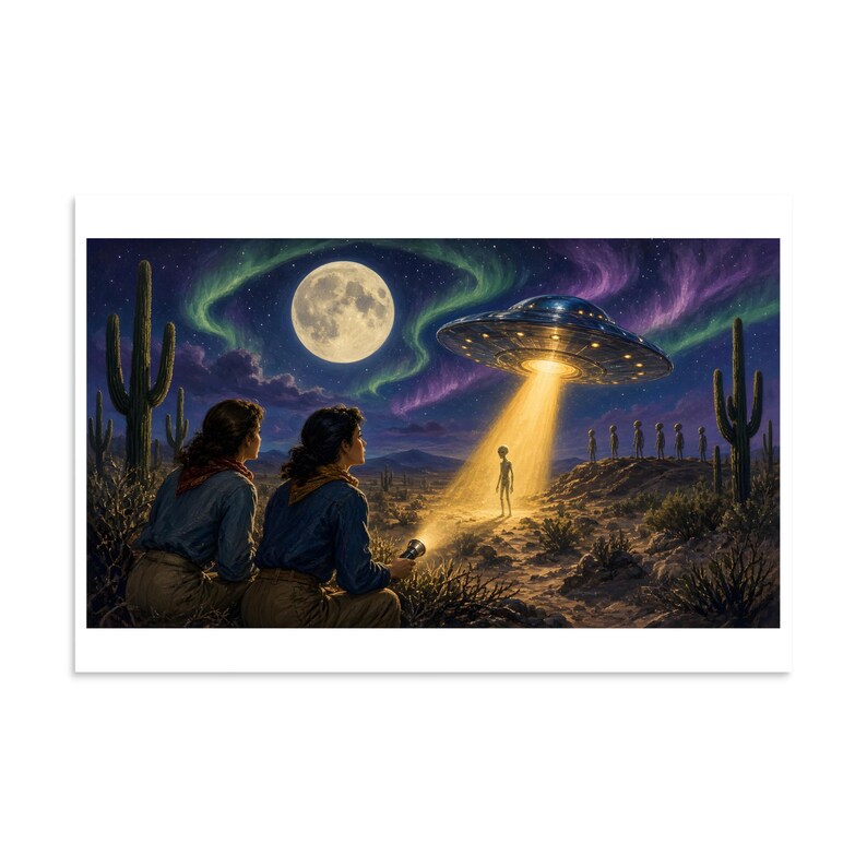 Desert Encounter - Retro UFO Night Art Print