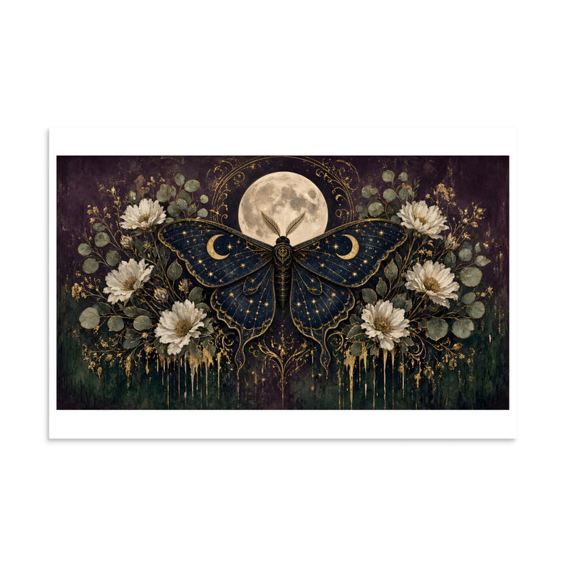 Celestial Moth - Dark Botanical Moon Art Print
