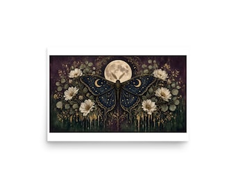Celestial Moth - Dark Botanical Moon Art Print