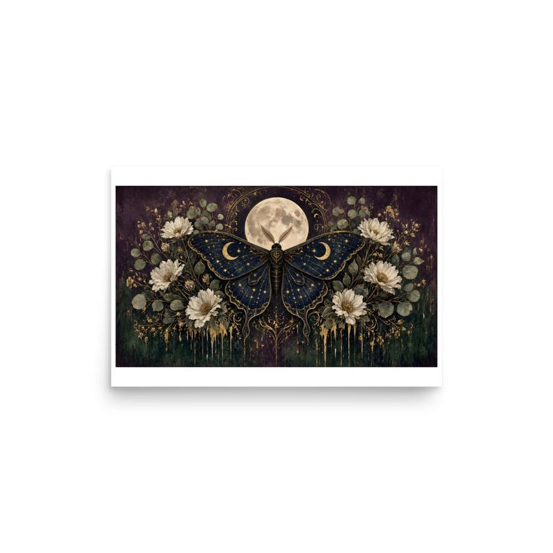 Celestial Moth - Dark Botanical Moon Art Print