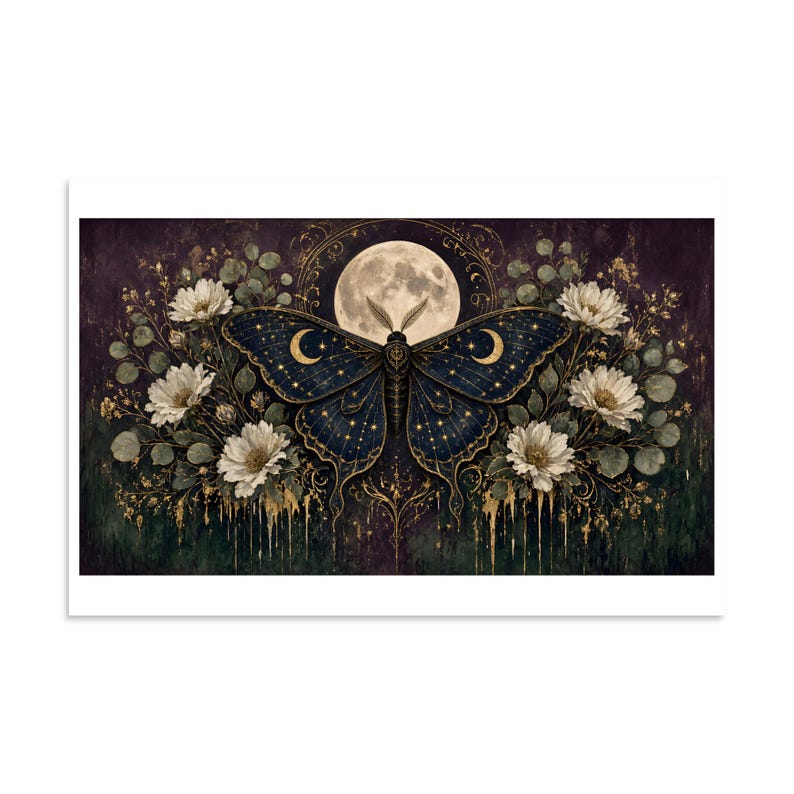 Celestial Moth - Dark Botanical Moon Art Print