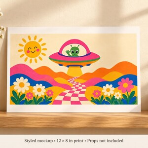Styled mockup of the unframed Groovy Saucer print on a wooden ledge beside a vase and books. A green alien waves from a pink UFO above colorful hills, flowers and a checkerboard path. The 12 x 8-inch matte poster has a white border. Props are not included.