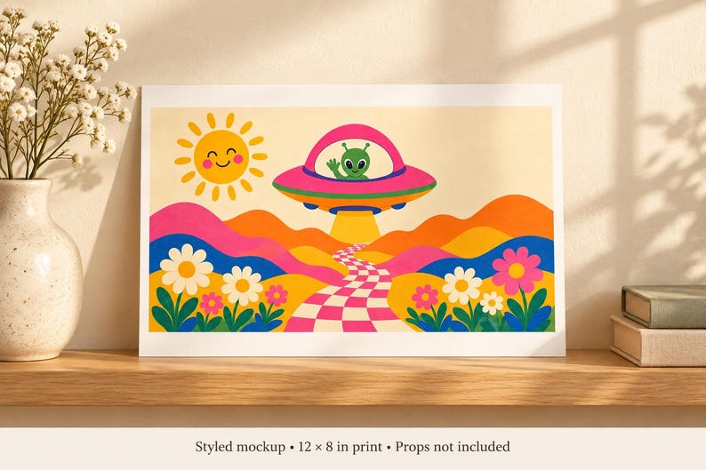 Styled mockup of the unframed Groovy Saucer print on a wooden ledge beside a vase and books. A green alien waves from a pink UFO above colorful hills, flowers and a checkerboard path. The 12 x 8-inch matte poster has a white border. Props are not included.