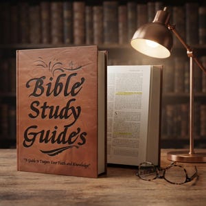 May include: A brown leather-textured book titled Bible Study Guide's with the subtitle A Guide to Deepen Your Faith and Knowledge. Beside it, an open book with visible text, a pair of tortoiseshell reading glasses, and a metallic desk lamp.