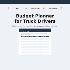 May include: A printable PDF budget planner for truck drivers titled Penniesandplans. The document includes 7 pages in US Letter and A4 sizes. It features a Trip Pay Log table with columns for trip dates, paid miles, per diem, extras, and settlement.