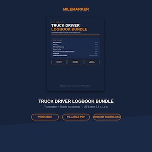 May include: A dark blue digital truck driver logbook bundle featuring white and orange text. The document includes seven printable and fillable log sheets in US Letter 21.59 x 27.94 cm format, including a daily driving log, fuel log, and inspection checklist.