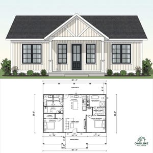 May include: A house architectural plan featuring a front elevation with a gabled roof, vertical siding, and a central entrance. Below, a detailed floor plan shows a living area, kitchen, two bedrooms, two bathrooms, and porches measuring 12.19m by 9.14m.
