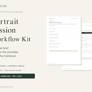 Puede incluir: Un kit de flujo de trabajo para sesiones de retrato digital que incluye seis hojas de trabajo y un rastreador editable. El documento contiene texto como Nice Niche, Portrait Session Workflow Kit y Define the session. Disponible en A4.