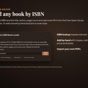 Peut inclure: Un &eacute;cran d'interface sombre intitul&eacute; Adding Books, Add any book by ISBN. Il pr&eacute;sente une bo&icirc;te Auto ISBN Book Loader avec un champ de saisie pour un ISBN &agrave; 10 ou 13 chiffres, un bouton Fetch Book, et des options pour ISBN lookup, saisie manuelle et importation PDF.