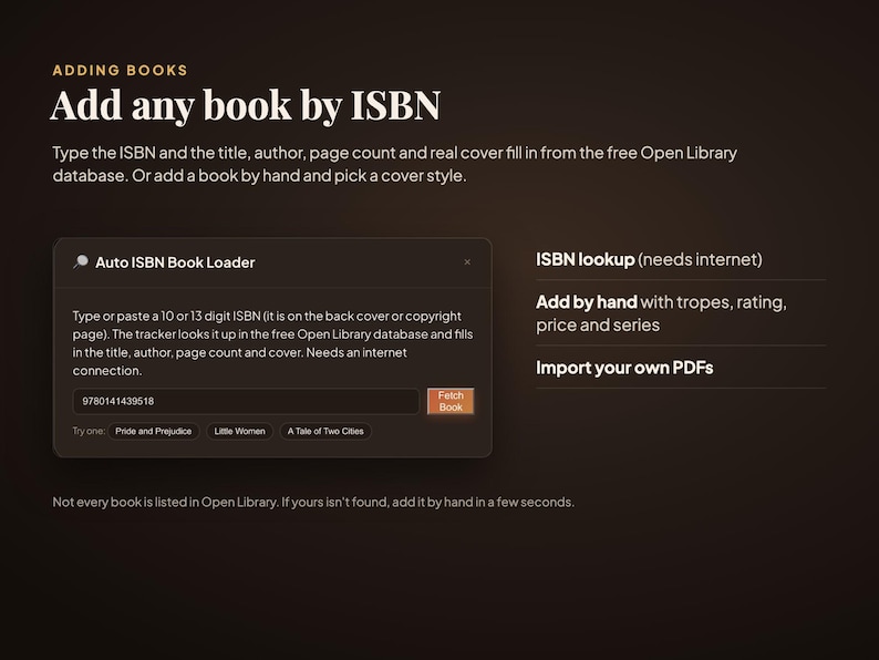 Peut inclure: Un &eacute;cran d'interface sombre intitul&eacute; Adding Books, Add any book by ISBN. Il pr&eacute;sente une bo&icirc;te Auto ISBN Book Loader avec un champ de saisie pour un ISBN &agrave; 10 ou 13 chiffres, un bouton Fetch Book, et des options pour ISBN lookup, saisie manuelle et importation PDF.