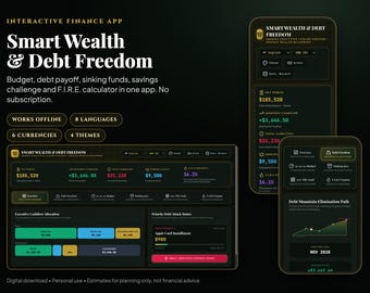Smart Budget & Debt Payoff Tracker, 50/30/20 Budgeting App, Debt Snowball Calculator, Sinking Funds and 100-Tile Savings Challenge
