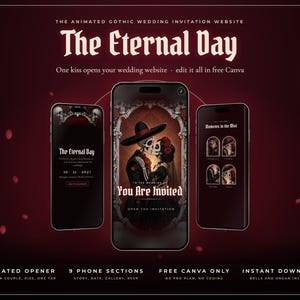 May include: Three smartphones display a gothic wedding invitation website titled The Eternal Day. The central screen features a skeleton couple kissing, with the text You Are Invited. The design uses a dark red and black color palette.