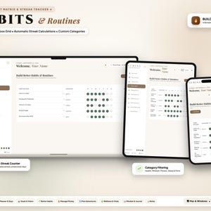 May include: A digital habit tracker template displayed on a laptop, tablet, and smartphone. The interface features a 7-day checkbox grid, automatic streak calculations, and custom categories. Text includes "HABITS & Routines" and "Build Better Habits & Routines" with a neutral color palette.