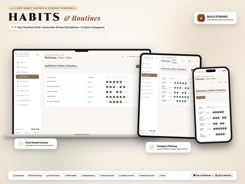May include: A digital habit tracker template displayed on a laptop, tablet, and smartphone. The interface features a 7-day checkbox grid, automatic streak calculations, and custom categories. Text includes "HABITS & Routines" and "Build Better Habits & Routines" with a neutral color palette.