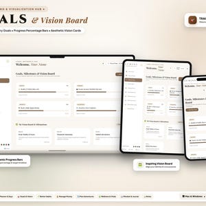 May include: A digital goal setting and vision board interface displayed on a laptop, tablet, and smartphone. The screen shows sections for goals, milestones, and vision cards with progress bars, labeled with text including GOALS & Vision Board.