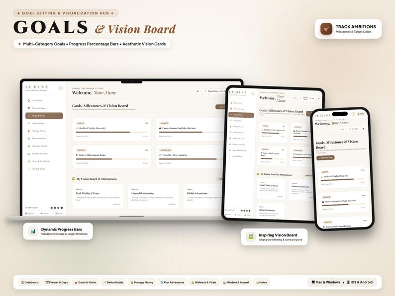 May include: A digital goal setting and vision board interface displayed on a laptop, tablet, and smartphone. The screen shows sections for goals, milestones, and vision cards with progress bars, labeled with text including GOALS & Vision Board.