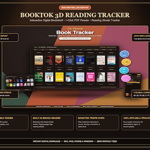 Pode incluir: Uma interface digital de rastreamento de leitura 3D BookTok exibida em uma tela, com estante interativa, leitor de PDF e rastreador de sequências de leitura. O layout inclui rótulos de texto para importação de PDF e 8 idiomas globais.