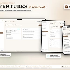 May include: A digital travel planner interface displayed on a laptop, tablet, and smartphone. The screen shows a dashboard titled Adventures & Travel Hub with sections for destination overview, trip budgeting, day-by-day itinerary, and a packing checklist.