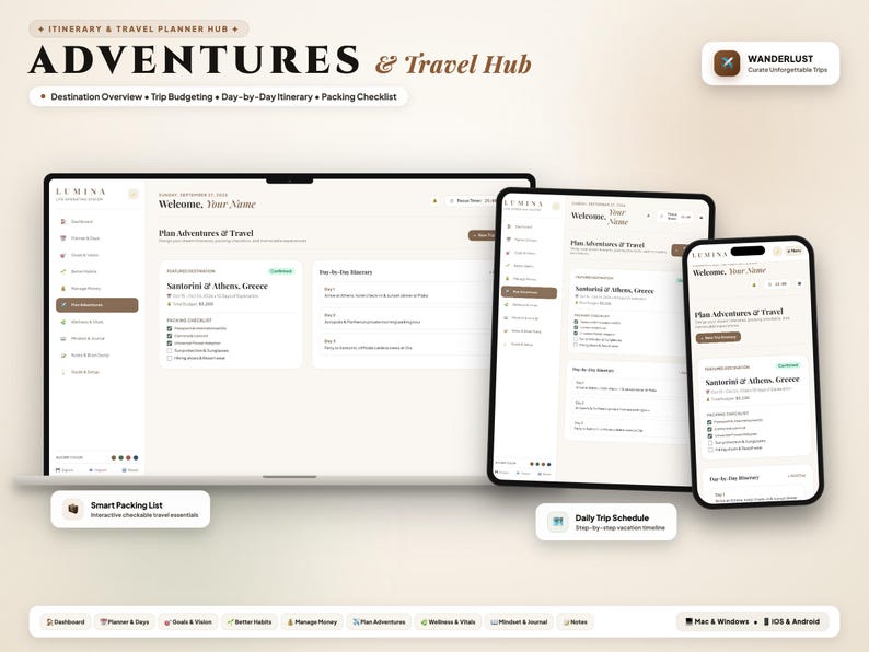 May include: A digital travel planner interface displayed on a laptop, tablet, and smartphone. The screen shows a dashboard titled Adventures & Travel Hub with sections for destination overview, trip budgeting, day-by-day itinerary, and a packing checklist.